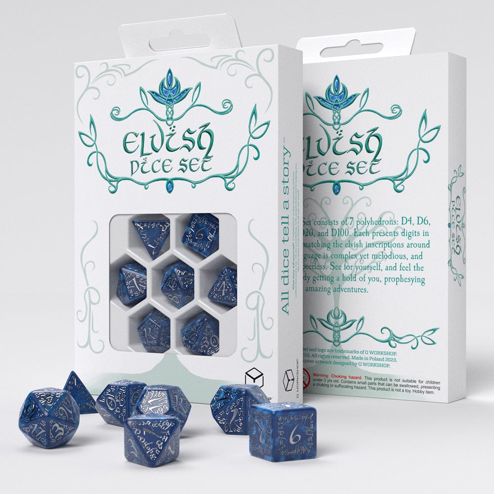 AGD Dice > Q Workshop Elvish Dice Set Cobalt & Silver (7) 5907699496914 QWS SELV10