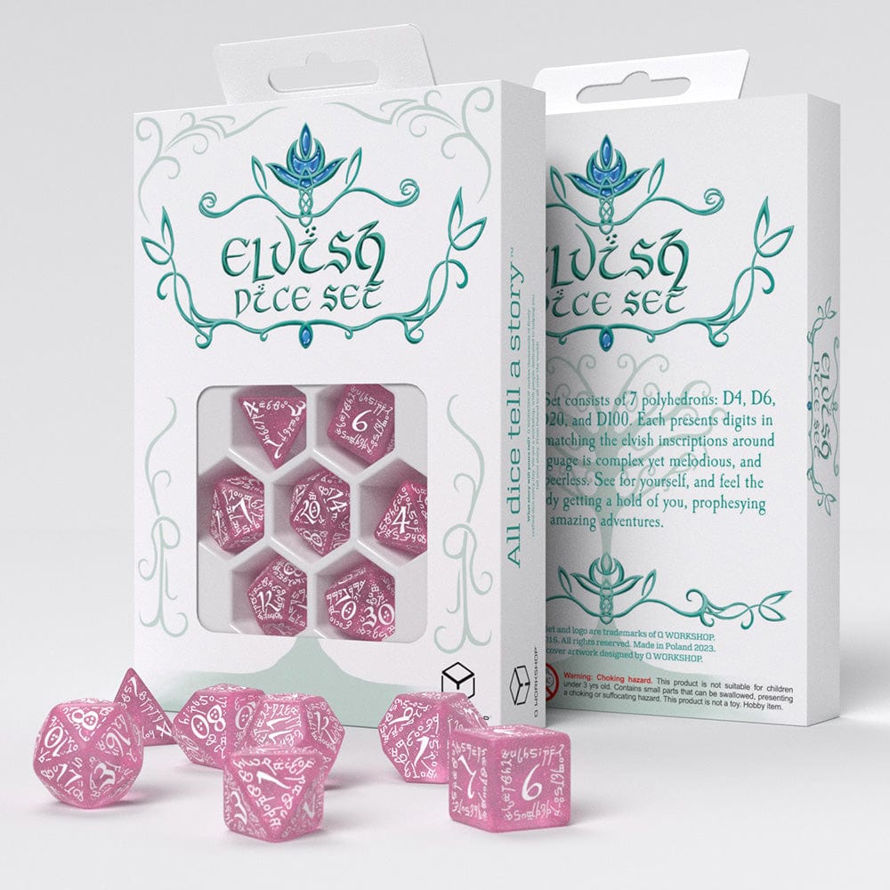 AGD Dice > Q Workshop Elvish Dice Set Shimmering Pink & White (7) 5907699496907 QWS SELV11