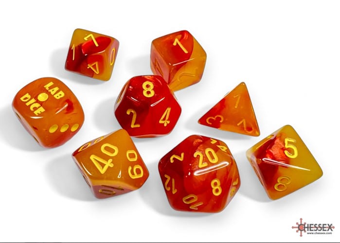 Alliance Games Distribution Dice > Chessex Lab Dice 8: Gemini Gellow Red/yellow Luminary 7-Die Set (with bonus die) 601982036744 CHX 30051