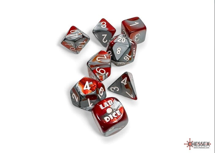Alliance Games Distribution Dice > Chessex Lab Dice 8: Gemini Red-Steel/white Polyhedral 7-Die Set (with bonus die) 601982045449 CHX 30066