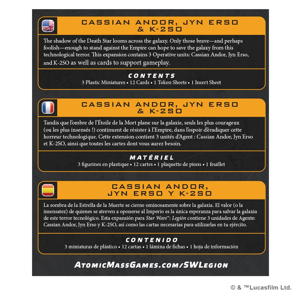 Atomic Mass Games Tabletop Games > Miniature Games > Expansions Star Wars: Legion – Cassian Andor, Jyn Erso & K-2SO 841333135003 SWQ39