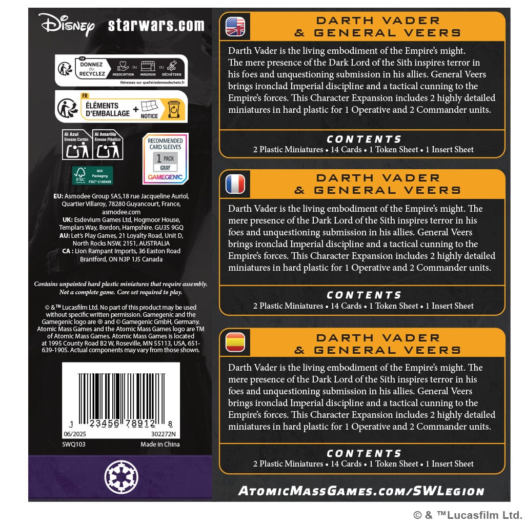 Atomic Mass Games Tabletop Games > Role-Playing Games > Star Wars Star Wars: Legion - Darth Vader & General Veers Character Expansion 841333132989 SWQ103