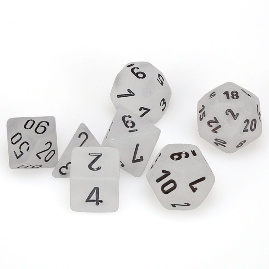 Chessex Dice > Chessex 7-Set Cube Frosted Clear with Black 601982024512 CHX27401
