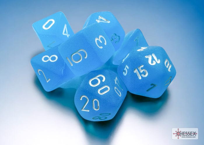 Chessex Dice > Chessex Chessex: Mini Plastic 7-Die Set - Frosted Caribbean Blue/white 601982040666 CHX 20416