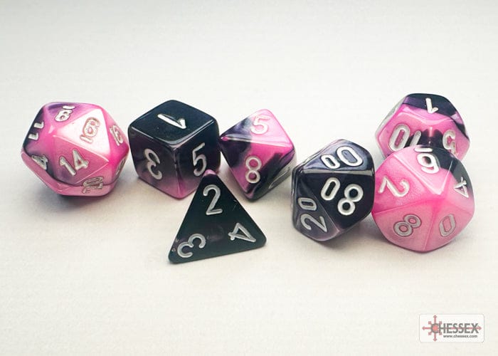 Chessex Dice > Chessex Chessex: Mini Plastic 7-Die Set - Gemini Black-Pink/white 601982041144 CHX 20630