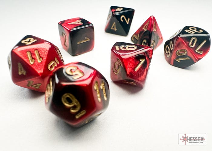 Chessex Dice > Chessex Chessex: Mini Plastic 7-Die Set - Gemini Black-Red/gold 601982041069 CHX 20633