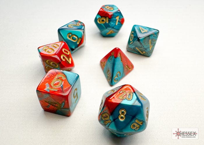 Chessex Dice > Chessex Chessex: Mini Plastic 7-Die Set - Gemini Red-Teal/gold 601982041304 CHX 20662