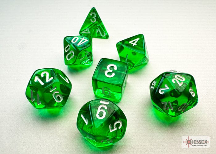 Chessex Dice > Chessex Chessex: Mini Plastic 7-Die Set - Translucent Green/white 601982041847 CHX 20375