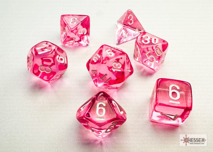 Chessex Dice > Chessex Chessex: Mini Plastic 7-Die Set - Translucent Pink/white 601982040741 CHX 20384