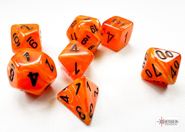 Chessex Dice > Chessex Chessex: Mini Plastic 7-Die Set - Vortex Orange/black 601982042004 CHX 20433