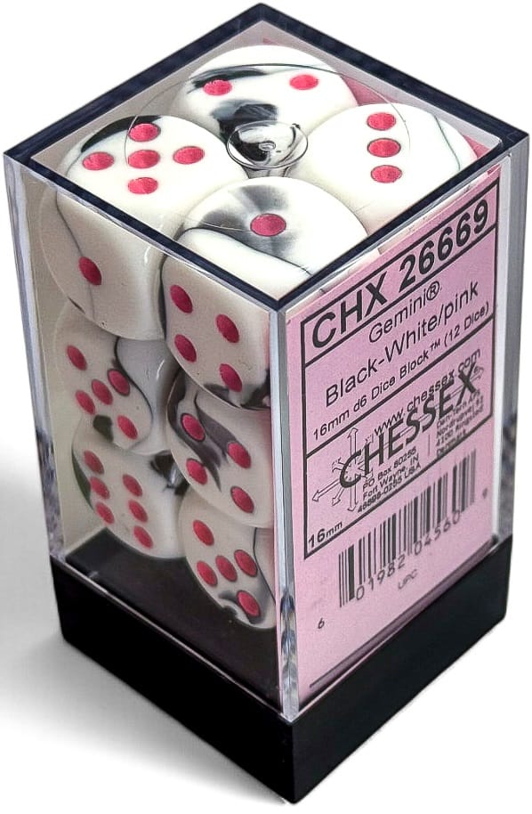 Chessex Dice > Chessex Chessex: Plastic 12d6 Set - Gemini Black-White/Pink 601982045609 CHX26669