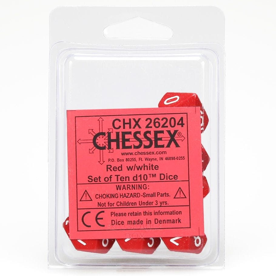 Chessex Dice > Chessex d10 Clamshell Opaque Red with White (10) 601982022419 CHX26204