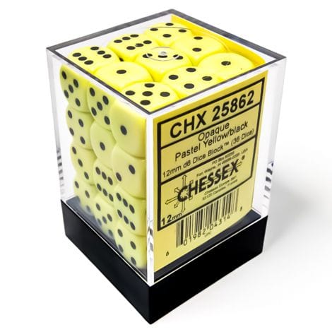Chessex Dice > Chessex d6 Cube 12mm Opaque Pastel Yellow/black (36) 601982043148 CHX25862