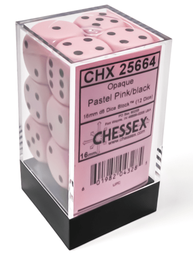 Chessex Dice > Chessex Opaque 16mm d6 Pastel Pink/black Dice Block (12 dice) 601982043285 CHX 25664
