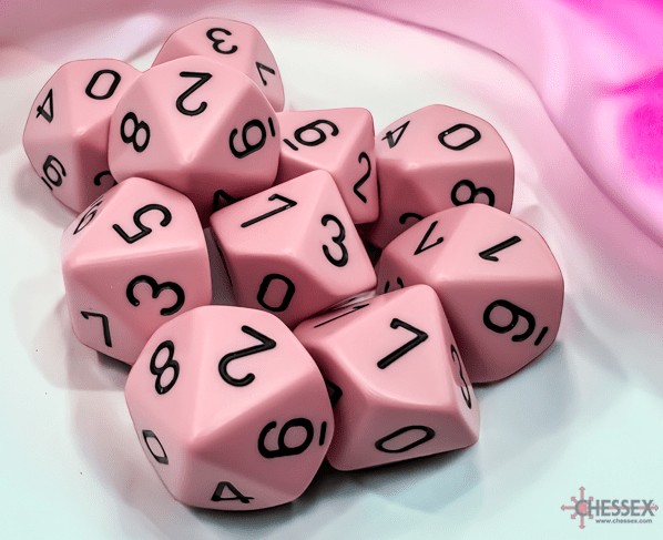 Chessex Dice > Chessex Opaque Pastel Pink/black Set of Ten d10s 601982043261 CHX 25264
