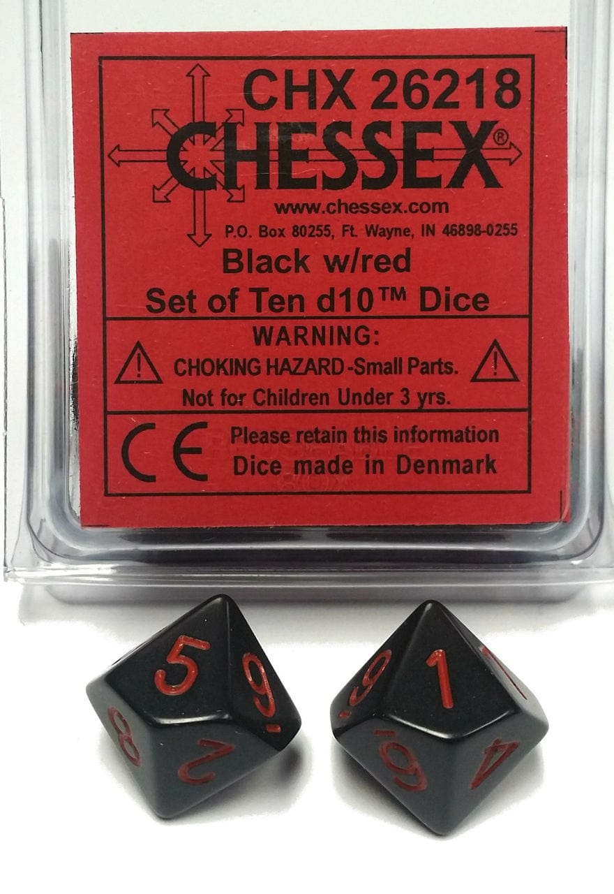 Chessex Dice > Chessex Opaque: Poly D10 Black/Red (10 601982022495 CHX 26218