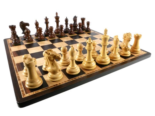 Chopra Board Games > Large Box Games Chess Set - Anjanwood/Natural Boxwood Exclusive Chess Pieces on Ebony/Birdseye Maple Chess Board 035756408381 40AEDQ-50440EBM