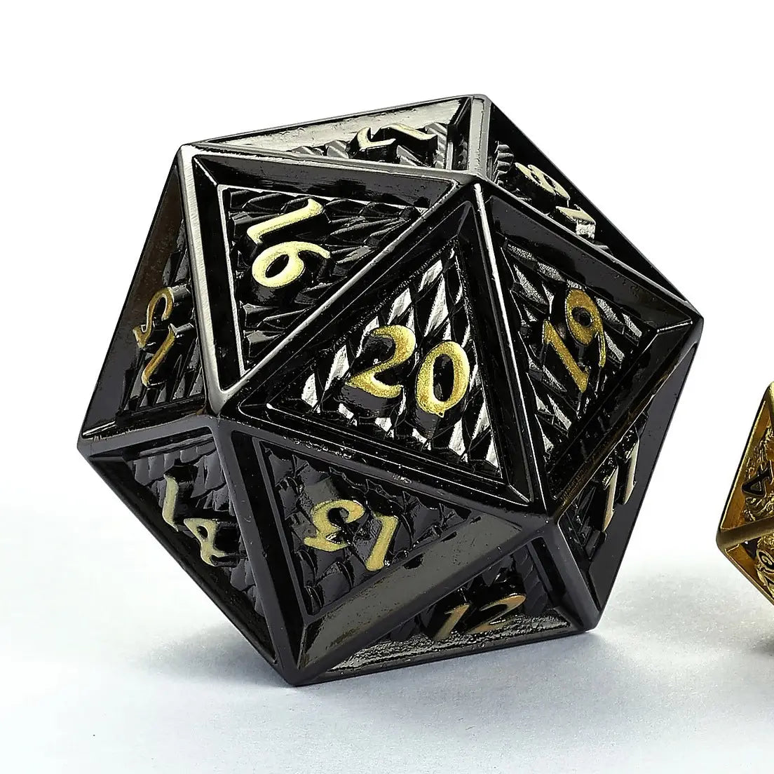 Hymgho Premium Dice Dice > Other Dice 45mm Metal Behemoth Spindown D20 - Gunmetal with Gold HY00421 HY00421