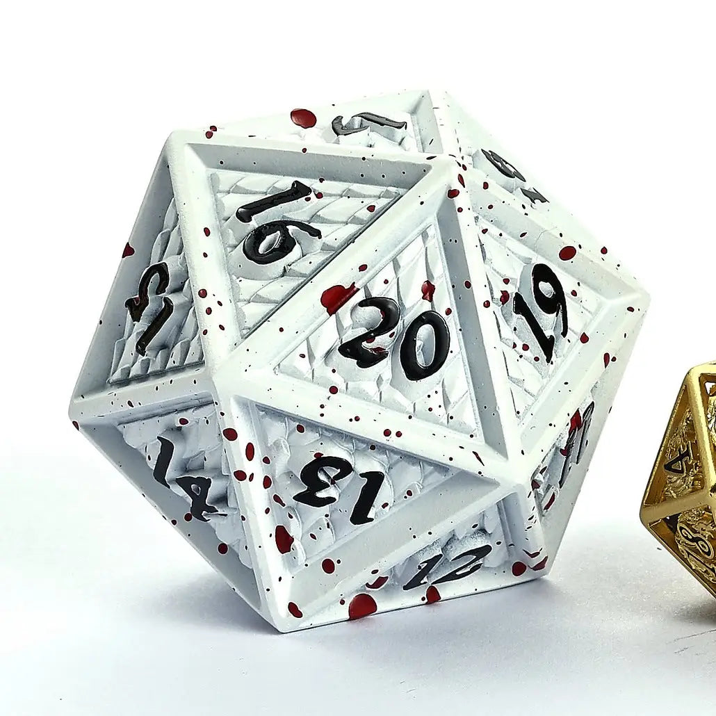 Hymgho Premium Dice Dice > Other Dice 45mm Metal Behemoth Spindown D20 - Matte White with Blood HY00420 HY00420