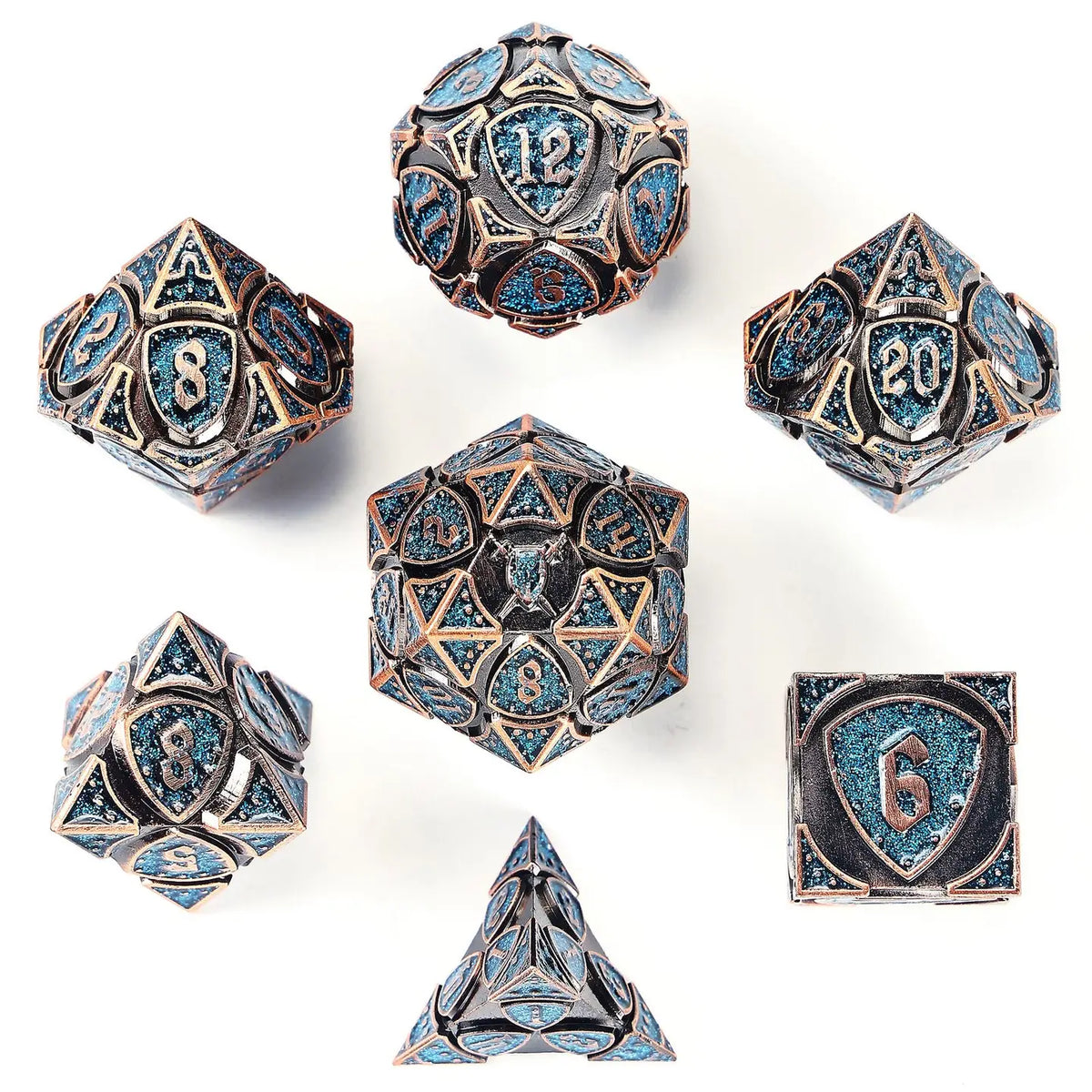 Hymgho Premium Dice Dice > Other Dice Solid Metal Fighter Rpg Dice Set - Copper W/Blue Glitter HY00391 HY00458