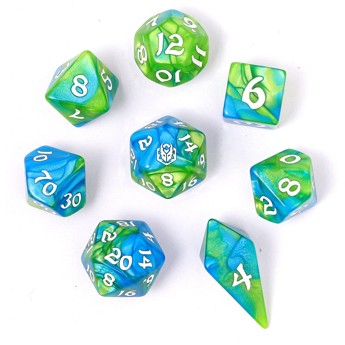 Hymgho Premium Dice Dice > Other Dice Wyrmforged Rollers - Rounded Edge 8 Piece Polyhedral Dice set - Verdant Stream HY02015 HY02015