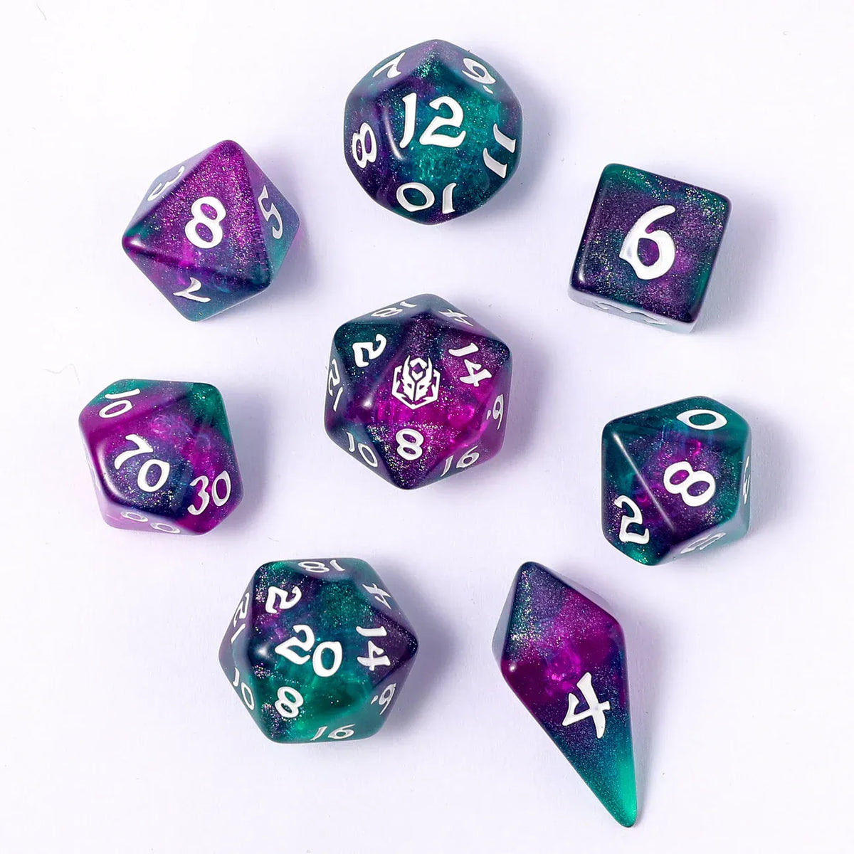 Hymgho Premium Dice Dice Wyrmforged Rollers - Rounded Edge 8 Piece Polyhedral Dice Set - Jesters Cloak HY02019 HY02019
