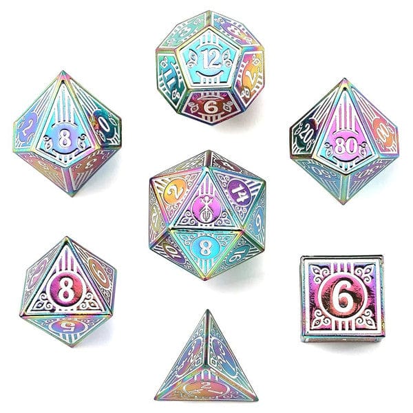 Hymgho Premium Gaming Dice 7-Set Bard Solid Metal: Rainbow with White HY00506 HYO0506
