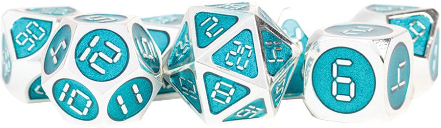 Metallic Dice Games Dice > Metallic Dice Games FanRoll: Digital Enamel Metal Dice 7ct - Silver with Teal Enamel 680599383533 MET 022