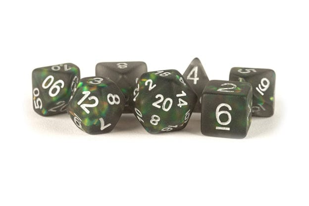 Metallic Dice Games Dice > Metallic Dice Games FanRoll: Icy Opal Resin Poly Dice 7ct - Black/Silver Numbers 680599384301 MET 606
