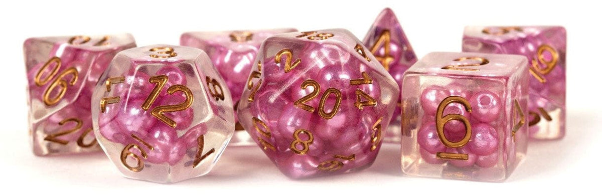 Metallic Dice Games Dice > Metallic Dice Games FanRoll: Pearl Resin Poly Dice 7ct - Pink/Copper Numbers 680599384028 MET 691