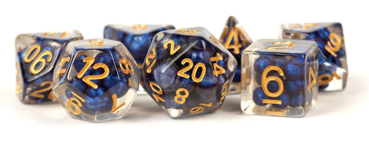 Metallic Dice Games Dice > Metallic Dice Games FanRoll: Pearl Resin Poly Dice 7ct - Royal Blue/Gold Numbers 680599384035 MET 692