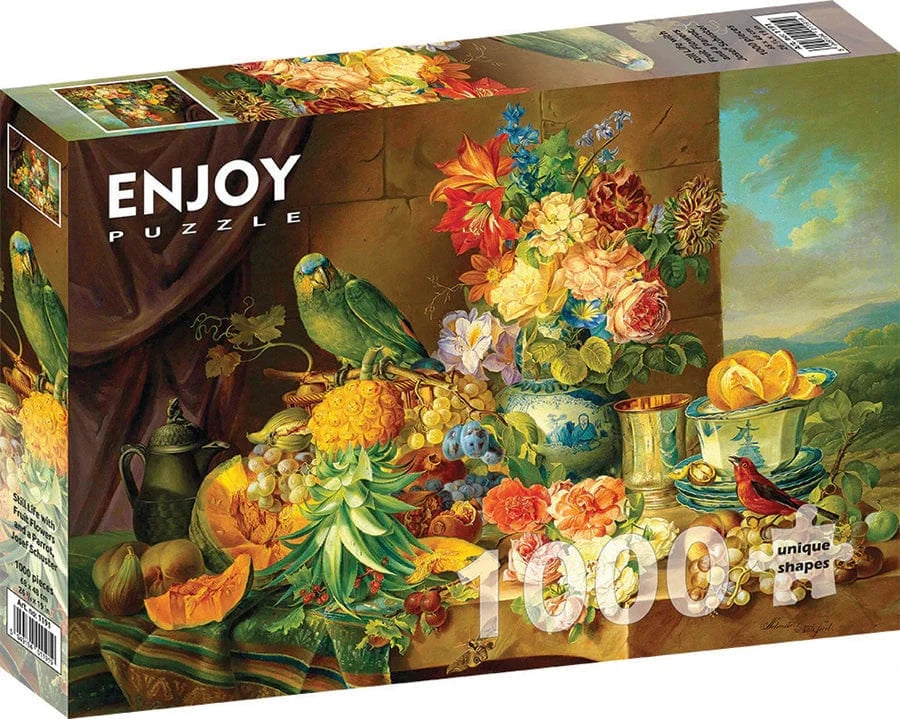 Outset Media Puzzles > Jigsaw Puzzles Enjoy Puzzle: 1000pc Ribbon Cut - Schuster, Still Life with Fruit Flowers and Parrot 5949194011919 E-1191
