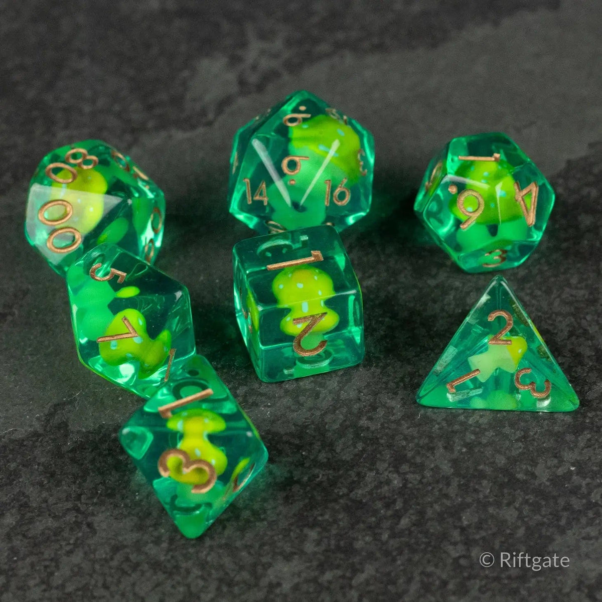 Riftgate Dice > Other Dice Riftgate: Resin Mushroom Dice Set - Yellow + Green 44268284 RE-MUSH-YELLOW