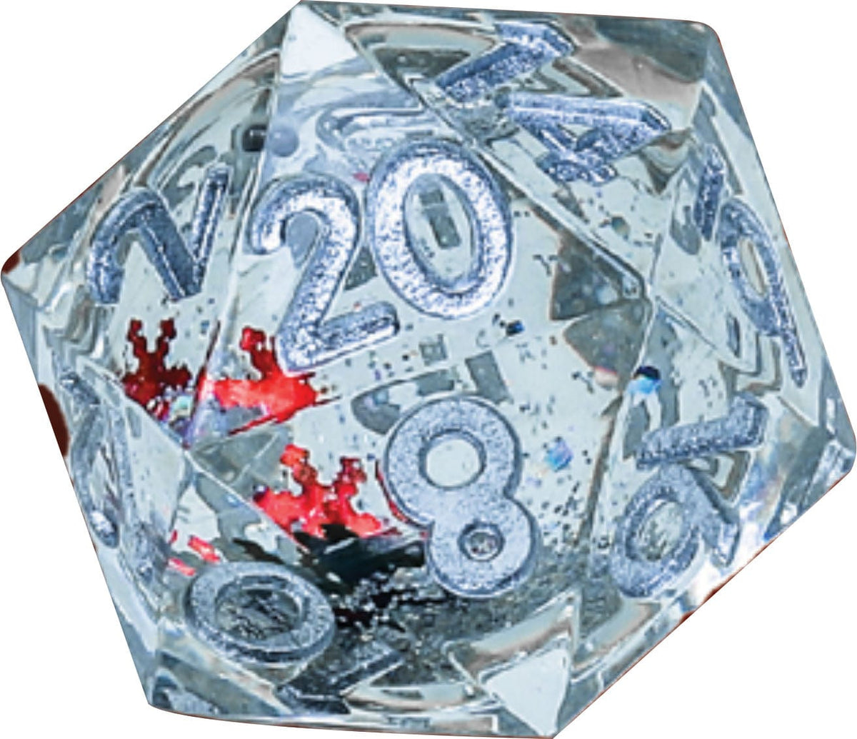 Sirius Dice Dice > Sirius Dice Sirius: 22mm Sharp D20 - Snow Globe, Silver Ink, Silver Glitter, Silver Green and Red Snowflakes 850001609777 SDZ 0012-03