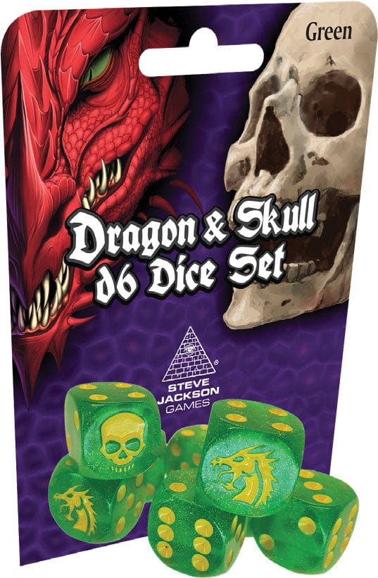 Steve Jackson Games Dice > Other Dice Dragon and Skull: D6 Dice Set - Green Glitter 080742095397 SJG 5900-16
