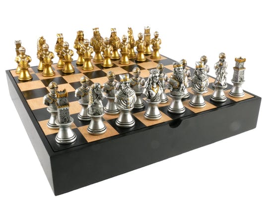 WorldWise Imports Board Games > Large Box Games Chess Set - Camelot Gold & Silver Chessmen on Maple Chest 035756695682 R71654-BCT