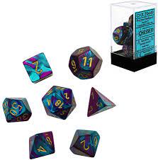 Chessex Dice > Chessex Chessex: Mini Plastic 7-Die Set - Gemini Purple-Teal/gold 601982037475 CHX 20649