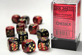 Chessex Dice > Chessex Chessex: Plastic 12d6 Set - Gemini Black-Red/Gold 601982023287 CHX 26633