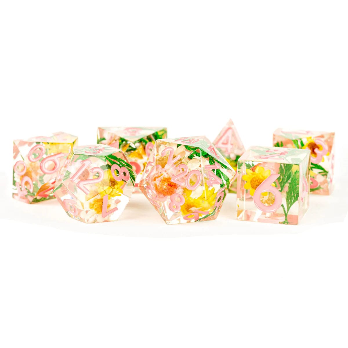 Metallic Dice Games Dice > Metallic Dice Games MDG: Plastic 7-Die Set - Handcrafted Sharp Edge Resin, Pink w/ Chrysanthemum 687700231844 MET 936