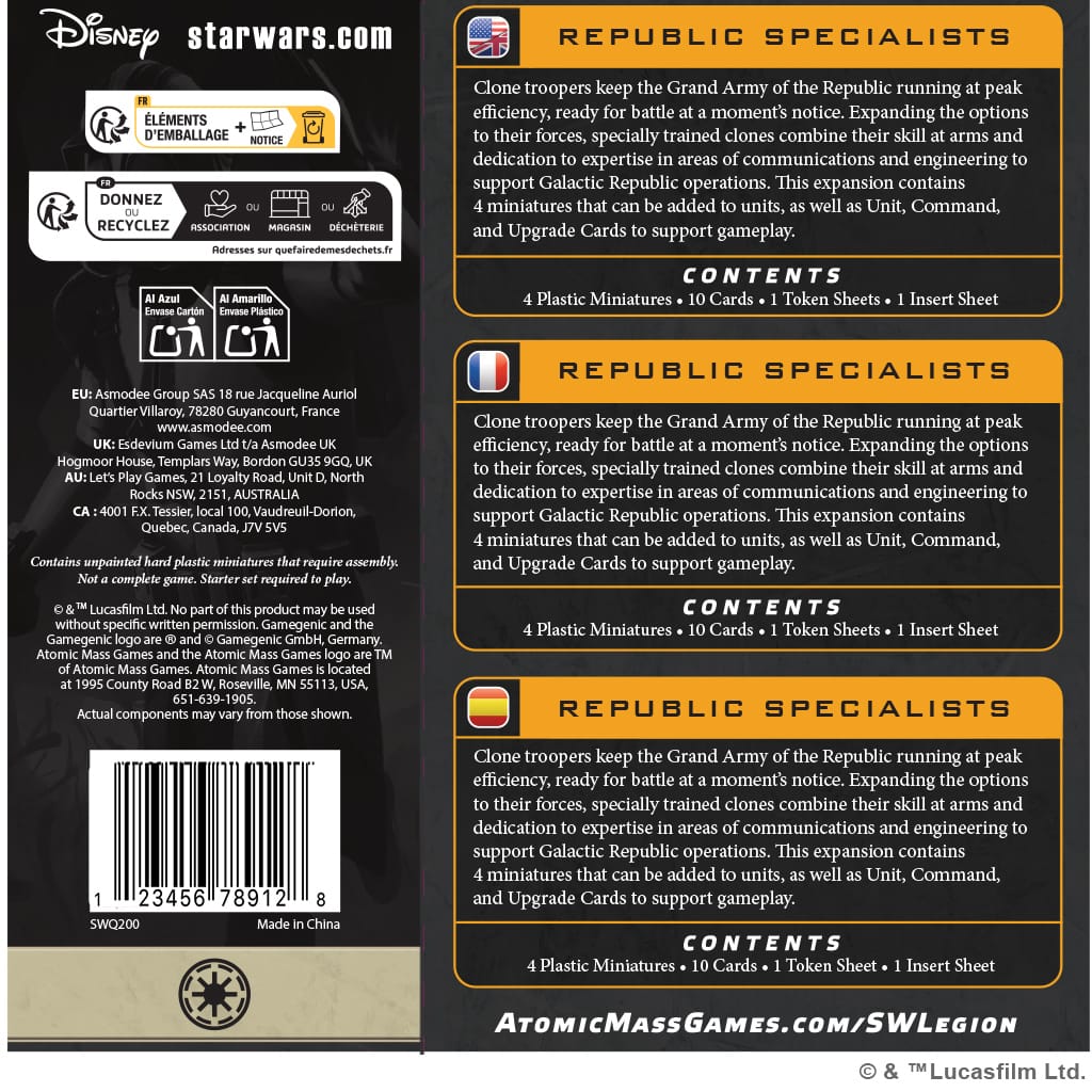 Atomic Mass Games Tabletop Games > Miniature Games > Expansions Star Wars: Legion - Republic Specialists 841333135119 SWQ200