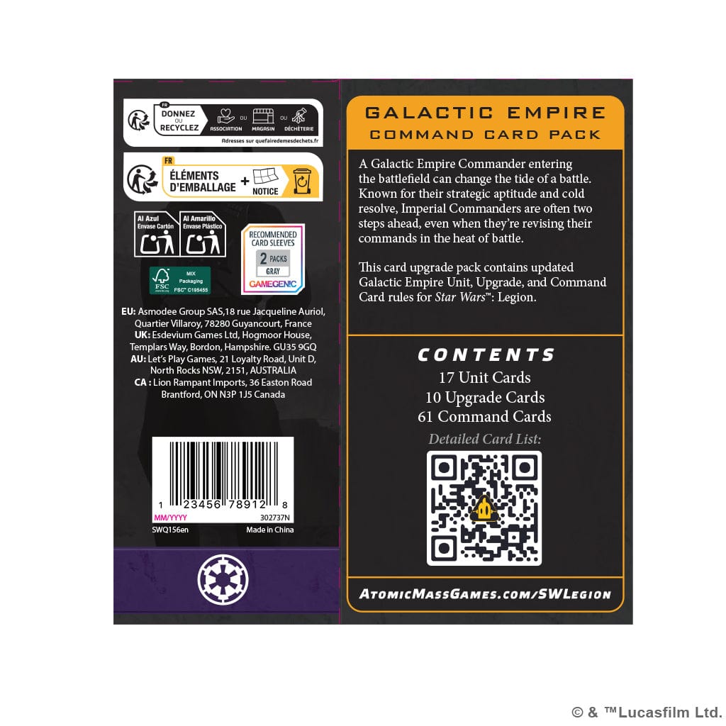 Atomic Mass Games Tabletop Games > Role-Playing Games > Star Wars Star Wars: Legion - Galactic Empire Command Card Pack 841333132316 SWQ156EN