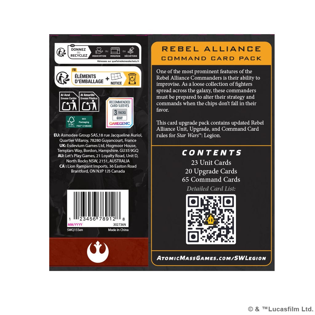 Atomic Mass Games Tabletop Games > Role-Playing Games > Star Wars Star Wars: Legion - Rebel Alliance Command Card Pack 841333132309 SWQ155EN