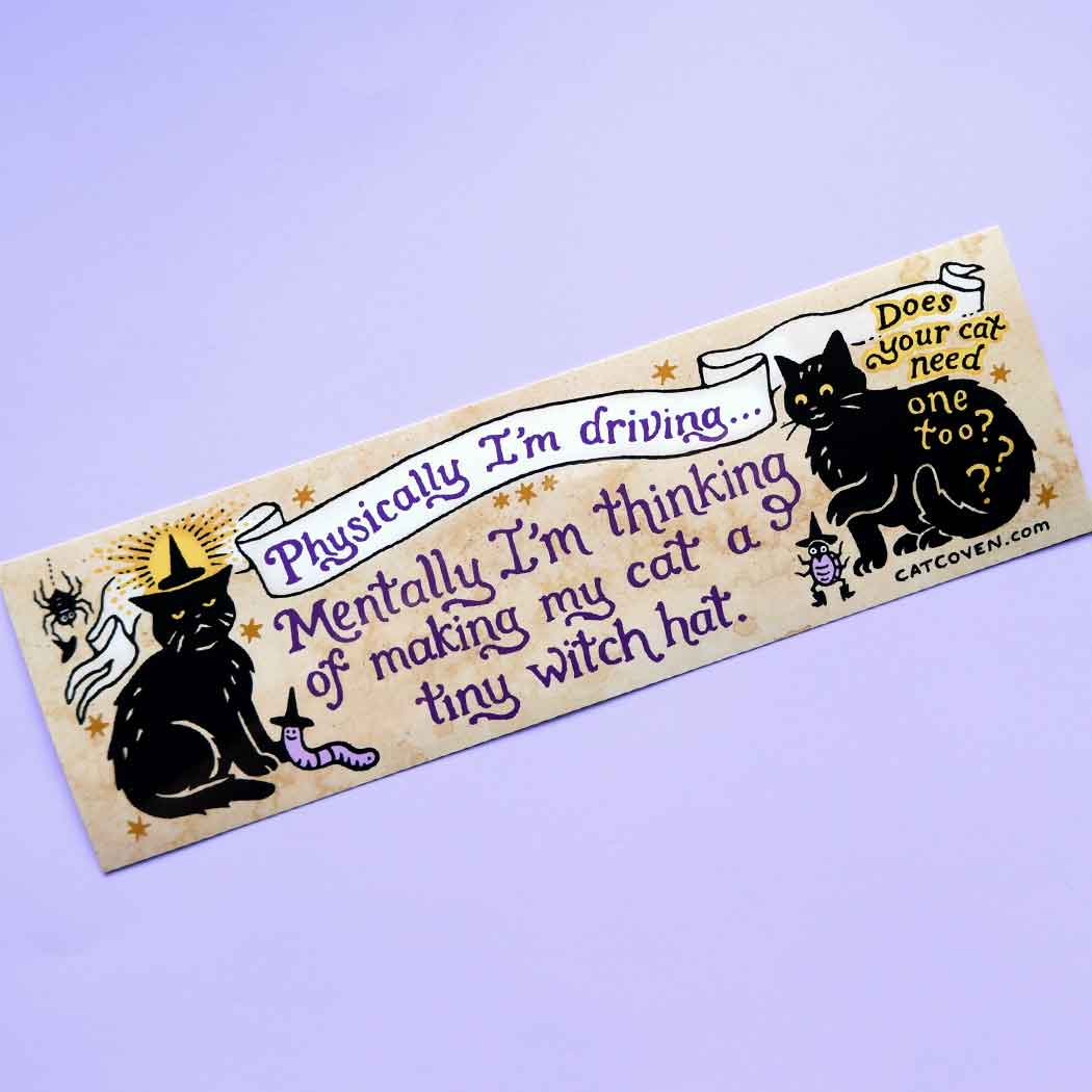 Cat Coven Decor > Stickers Bumper Sticker - "Tiny Witch Hat" 74787580 TINY-BUMP-STICK