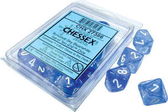 Chessex Dice > Chessex Borealis: Sky Blue/white Luminary Set of Ten d10s 601982031435 CHX 27386