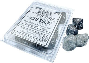 Chessex Dice > Chessex Chessex Dice: Borealis - Light Smoke/Silver Luminary (Set of Ten d10s) 601982031671