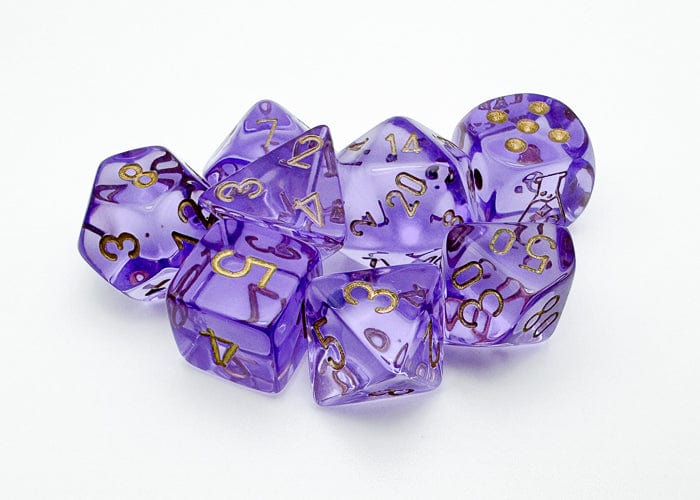 Chessex: Lab Dice - Translucent Polyhedral Lavender/Gold 7-Die Set (with bonus die)