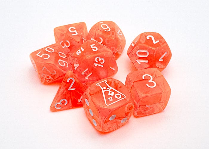 Chessex: Lab Dice - Translucent Polyhedral Neon Orange/White 7-Die Set (with bonus die)