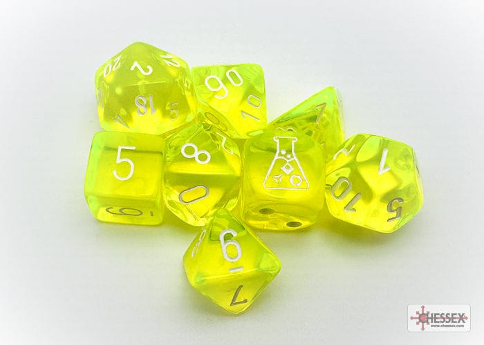 Chessex: Lab Dice - Translucent Polyhedral Neon Yellow/White 7-Die Set (with bonus die)