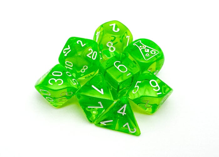 Chessex: Lab Dice - Translucent Polyhedral Rad Green/White 7-Die Set (with bonus die)