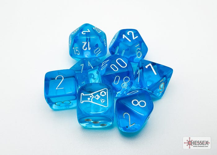 Chessex: Lab Dice - Translucent Tropical Blue/White Polyhedral 7-Die Set (with bonus die)